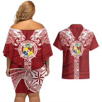 Tonga Independence Day Couples Matching Off Shoulder Short Dress and Hawaiian Shirt Tongatapu Lion Ngatu Motifs LT7 - Polynesian Pride