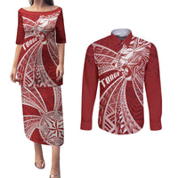 Tonga Independence Day Couples Matching Puletasi and Long Sleeve Button Shirt Tongatapu Lion Ngatu Motifs LT7 Red - Polynesian Pride