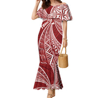 Tonga Independence Day Family Matching Mermaid Dress and Hawaiian Shirt Tongatapu Lion Ngatu Motifs LT7 Mom's Dress Red - Polynesian Pride