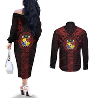 Tonga Independence Day Couples Matching Off The Shoulder Long Sleeve Dress and Long Sleeve Button Shirt Tongatapu Lion Ngatu Motifs Black Ver. LT7 - Polynesian Pride
