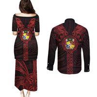Tonga Independence Day Couples Matching Puletasi and Long Sleeve Button Shirt Tongatapu Lion Ngatu Motifs Black Ver. LT7 - Polynesian Pride