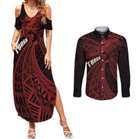 Tonga Independence Day Couples Matching Summer Maxi Dress and Long Sleeve Button Shirt Tongatapu Lion Ngatu Motifs Black Ver. LT7 Black - Polynesian Pride