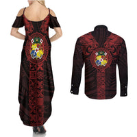 Tonga Independence Day Couples Matching Summer Maxi Dress and Long Sleeve Button Shirt Tongatapu Lion Ngatu Motifs Black Ver. LT7 - Polynesian Pride