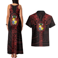 Tonga Independence Day Couples Matching Tank Maxi Dress and Hawaiian Shirt Tongatapu Lion Ngatu Motifs Black Ver. LT7 - Polynesian Pride