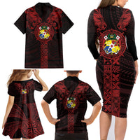 Tonga Independence Day Family Matching Long Sleeve Bodycon Dress and Hawaiian Shirt Tongatapu Lion Ngatu Motifs Black Ver. LT7 - Polynesian Pride