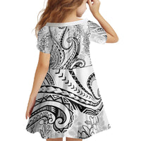 Polynesia Plumeria Lei Family Matching Off The Shoulder Long Sleeve Dress and Hawaiian Shirt White Curves Motif