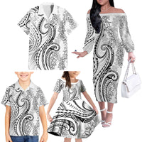 Polynesia Plumeria Lei Family Matching Off The Shoulder Long Sleeve Dress and Hawaiian Shirt White Curves Motif