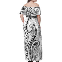 Polynesia Plumeria Lei Family Matching Off Shoulder Maxi Dress and Hawaiian Shirt White Curves Motif LT7 - Polynesian Pride
