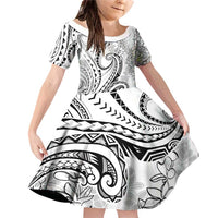 Polynesia Plumeria Lei Family Matching Off Shoulder Short Dress and Hawaiian Shirt White Curves Motif LT7 Daughter's Dress White - Polynesian Pride