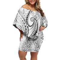 Polynesia Plumeria Lei Family Matching Off Shoulder Short Dress and Hawaiian Shirt White Curves Motif LT7 Mom's Dress White - Polynesian Pride
