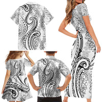 Polynesia Plumeria Lei Family Matching Short Sleeve Bodycon Dress and Hawaiian Shirt White Curves Motif