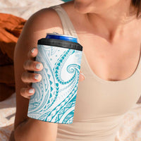 Polynesia Plumeria Lei 4 in 1 Can Cooler Tumbler White Turquoise Curves Motif