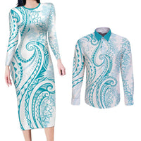 Polynesia Plumeria Lei Couples Matching Long Sleeve Bodycon Dress and Long Sleeve Button Shirt White Turquoise Curves Motif