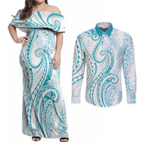 Polynesia Plumeria Lei Couples Matching Off Shoulder Maxi Dress and Long Sleeve Button Shirt White Turquoise Curves Motif