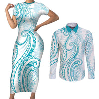 Polynesia Plumeria Lei Couples Matching Short Sleeve Bodycon Dress and Long Sleeve Button Shirt White Turquoise Curves Motif