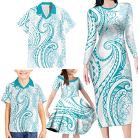 Polynesia Plumeria Lei Family Matching Long Sleeve Bodycon Dress and Hawaiian Shirt White Turquoise Curves Motif