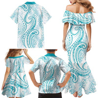 Polynesia Plumeria Lei Family Matching Mermaid Dress and Hawaiian Shirt White Turquoise Curves Motif