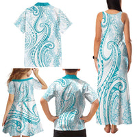 Polynesia Plumeria Lei Family Matching Tank Maxi Dress and Hawaiian Shirt White Turquoise Curves Motif