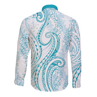 Polynesia Plumeria Lei Long Sleeve Button Shirt White Turquoise Curves Motif