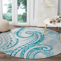 Polynesia Plumeria Lei Round Carpet White Turquoise Curves Motif