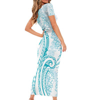 Polynesia Plumeria Lei Short Sleeve Bodycon Dress White Turquoise Curves Motif
