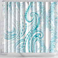 Polynesia Plumeria Lei Shower Curtain White Turquoise Curves Motif