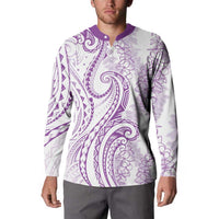 Polynesia Plumeria Lei Button Sweatshirt White Violet Curves Motif