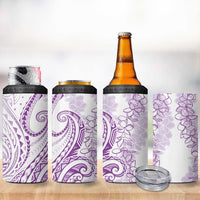 Polynesia Plumeria Lei 4 in 1 Can Cooler Tumbler White Violet Curves Motif