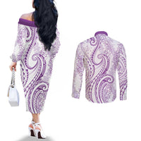Polynesia Plumeria Lei Couples Matching Off The Shoulder Long Sleeve Dress and Long Sleeve Button Shirt White Violet Curves Motif