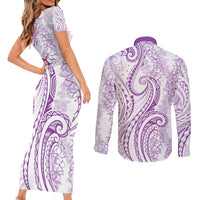 Polynesia Plumeria Lei Couples Matching Short Sleeve Bodycon Dress and Long Sleeve Button Shirt White Violet Curves Motif