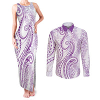 Polynesia Plumeria Lei Couples Matching Tank Maxi Dress and Long Sleeve Button Shirt White Violet Curves Motif