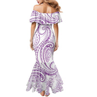 Polynesia Plumeria Lei Family Matching Mermaid Dress and Hawaiian Shirt White Violet Curves Motif