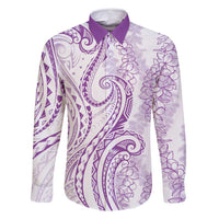 Polynesia Plumeria Lei Family Matching Off Shoulder Short Dress and Hawaiian Shirt White Violet Curves Motif LT7 Dad's Shirt - Long Sleeve Violet - Polynesian Pride