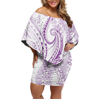 Polynesia Plumeria Lei Family Matching Off Shoulder Short Dress and Hawaiian Shirt White Violet Curves Motif LT7 Mom's Dress Violet - Polynesian Pride