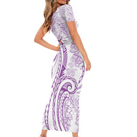 Polynesia Plumeria Lei Family Matching Short Sleeve Bodycon Dress and Hawaiian Shirt White Violet Curves Motif