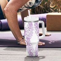 Polynesia Plumeria Lei Tumbler With Handle White Violet Curves Motif