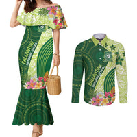 Fiji Ballantine Memorial High School Personalised Couples Matching Mermaid Dress and Long Sleeve Button Shirt Masi Tapa Mix Plumeria LT7 Green - Polynesian Pride