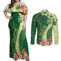 Fiji Ballantine Memorial High School Personalised Couples Matching Off Shoulder Maxi Dress and Long Sleeve Button Shirt Masi Tapa Mix Plumeria LT7 Green - Polynesian Pride