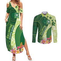 Fiji Ballantine Memorial High School Personalised Couples Matching Summer Maxi Dress and Long Sleeve Button Shirt Masi Tapa Mix Plumeria LT7 Green - Polynesian Pride