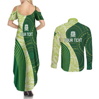 Fiji Ballantine Memorial High School Personalised Couples Matching Summer Maxi Dress and Long Sleeve Button Shirt Masi Tapa Mix Plumeria LT7 - Polynesian Pride
