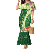 Fiji Ballantine Memorial High School Personalised Family Matching Mermaid Dress and Hawaiian Shirt Masi Tapa Mix Plumeria LT7 Mom's Dress Green - Polynesian Pride