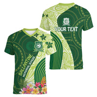 Fiji Ballantine Memorial High School Personalised Women V-Neck T-Shirt Masi Tapa Mix Plumeria LT7 - Polynesian Pride