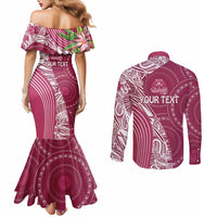 Fiji Adi Cakobau School Personalised Couples Matching Mermaid Dress and Long Sleeve Button Shirt Masi Tapa Mix Plumeria LT7 - Polynesian Pride