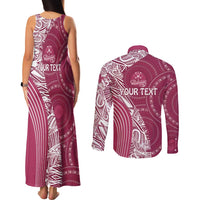 Fiji Adi Cakobau School Personalised Couples Matching Tank Maxi Dress and Long Sleeve Button Shirt Masi Tapa Mix Plumeria LT7 - Polynesian Pride