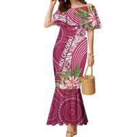 Fiji Adi Cakobau School Personalised Family Matching Mermaid Dress and Hawaiian Shirt Masi Tapa Mix Plumeria LT7 Mom's Dress Maroon - Polynesian Pride