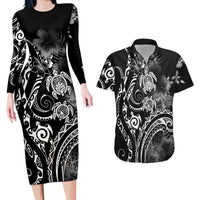 Aloha Hawaii Turtles Floral Couples Matching Long Sleeve Bodycon Dress and Hawaiian Shirt Obsidian Glaze