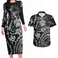 Aloha Hawaii Turtles Floral Couples Matching Long Sleeve Bodycon Dress and Hawaiian Shirt Obsidian Glaze LT7 Black - Polynesian Pride