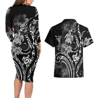 Aloha Hawaii Turtles Floral Couples Matching Long Sleeve Bodycon Dress and Hawaiian Shirt Obsidian Glaze LT7 - Polynesian Pride