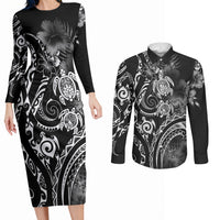 Aloha Hawaii Turtles Floral Couples Matching Long Sleeve Bodycon Dress and Long Sleeve Button Shirt Obsidian Glaze LT7 Black - Polynesian Pride
