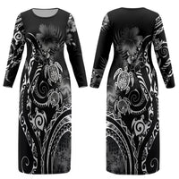Aloha Hawaii Turtles Floral Couples Matching Long Sleeve Bodycon Dress and Long Sleeve Button Shirt Obsidian Glaze LT7 - Polynesian Pride